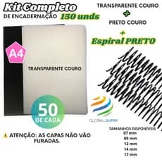 Kit p/ Encadernação 150 un | 50 Capas A4 TRANSPARENTE COURO + 50 A4 PRETO COURO + 50 Espirais  - PRETO