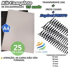 Kit p/ Encadernação 75 un | 25 Capas A4 TRANSPARENTE LINE + 25 A4 PRETO COURO + 25 Espirais PRETO