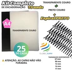 Kit p/ Encadernação 75 un | 25 Capas A4 TRANSPARENTE COURO + 25 A4 PRETO COURO + 25 Espirais - PRETO