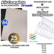 Kit p/ Encadernação 75 un | 25 Capas A4 TRANSPARENTE LINE + 25 A4 PRETO COURO + 25 Espirais - TRANSPARENTE