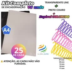 Kit p/ Encadernação 75 un | 25 Capas A4 TRANSPARENTE LINE + 25 A4 PRETO COURO + 25 Espirais - COLORIDO