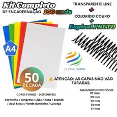 Kit p/ Encadernação 150 un | 50 Capas A4 TRANSPARENTE LINE + 50 A4 COLORIDO COURO + 50 Espirais PRETO