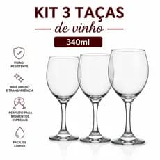 Kit 3 Taças de Vinho 340ml Vidro Resistente Elegante Jogo Taças Premium Presente Luxo