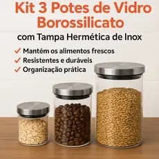 Kit 3 Potes de Vidro Borossilicato com Tampa Inox Hermética e Vedação Silicone – Porta Mantimentos