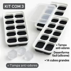 Forma de Gelo Silicone com Tampa – Kit com 3 | 14 cubos cada | Desenforma fácil | Tampa anti-odores