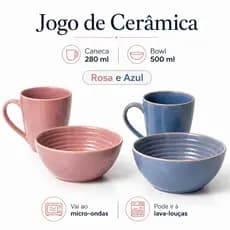 Kit Caneca 280ml Bowl 500ml Cerâmica Rosa Azul Café Chá Cereal Sopa Presente