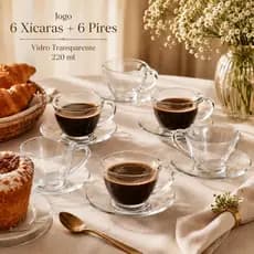 Jogo De Xícaras Com Pires Vidro Transparente 220ml 12 Peças Café Chá Mesa Posta