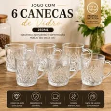 Jogo Com 6 Canecas De Vidro 250ml Transparente Café Chá Leite Capuccino