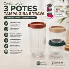 Conjunto 3 Potes de Vidro com Tampa Gira e Trava para Mantimentos Cozinha Organizada