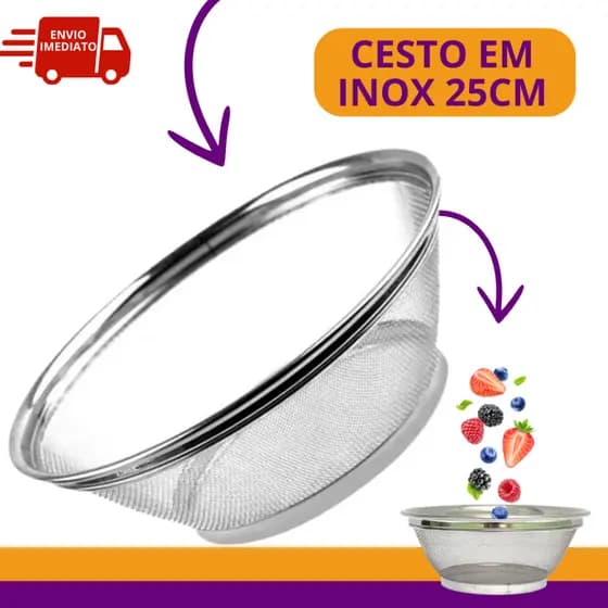Cesto Escorredor Multiuso Inox 25cm Cesta Frutas Escorredor de Macarrão Arroz Salada Legume ao Vapor