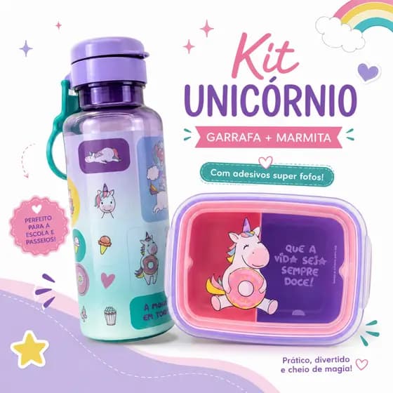 Kit Unicórnio Marmita Hermética + Garrafa com Adesivos 600ml ou Talheres Infantil Plasútil