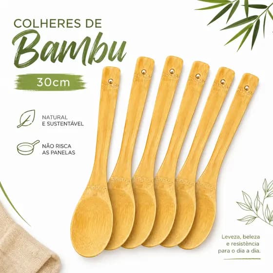 Kit Colher de Bambu Para Cozinhar Não Risca Panela Bamboo