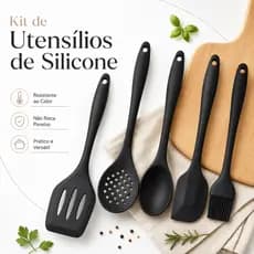 Kit Utensílios de Silicone Preto Para Cozinha Colher Espátula Escumadeira