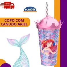 Copo Ariel Pequena Sereia 500ml com Canudo Tampa e Coroa Rosa Plasútil