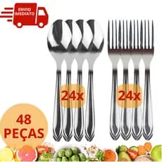 Jogo de Talheres 48 Peças Aço Inox 24 Garfos de Mesa e 24 Colheres de Mesa Kit Talher Restaurante
