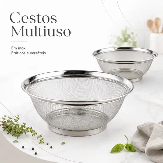Cesta Escorredor Inox 25cm Multiuso Para Macarrão Legumes Arroz