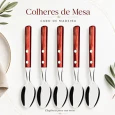 Colher de Mesa Inox Cabo Madeira Kit Para Cozinha Restaurante Buffet