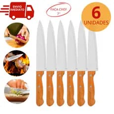 Kit 6 Faca Aço Inox de Carne Legumes Peixeira 7" Cabo Madeira Afiada Faca Para Cozinha