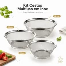 Kit Cestos Multiuso em Aço Inox 22 25 28cm Escorredor para Macarrão Arroz Legumes Cozimento a Vapor
