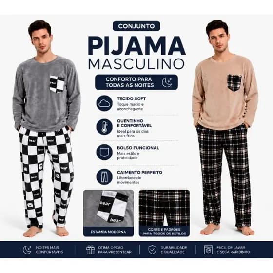 Pijama Masculino Xadrez  Inverno Confortável fleece quentinho
