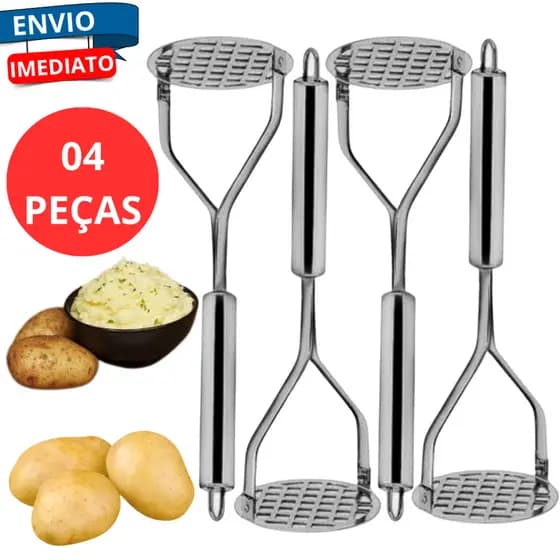 Kit 4 Amassadores De Batata Espremedor Manual Pure Espremer Aco Inox Resistente Cozinha Restaurante