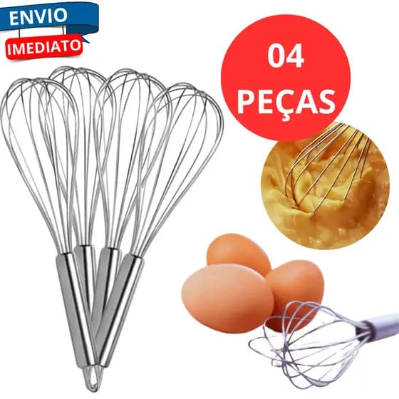 KIt 4 Fuê Batedor de Clara Fouet Manual para Cozinha em Aço Inox Creme Molho Omelete Chantilly Bolos