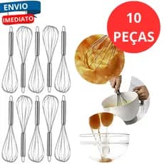 KIt 10 Fuê Batedores de Clara Fouet Manual Cozinha em Aço Inox Creme Molho Omelete Chantilly Bolos