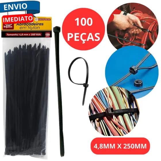 Kit 100 Abraçadeiras Nylon 4,8mm X 250mm Enforca Gato Fios Cabos Trava Automatica Fiacao Eletricista