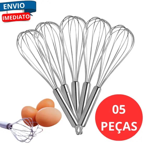 KIt 5 Fouet Fuê Batedor de Clara Manual para Cozinha em Aço Inox Creme Molho Omelete Chantilly Bolos