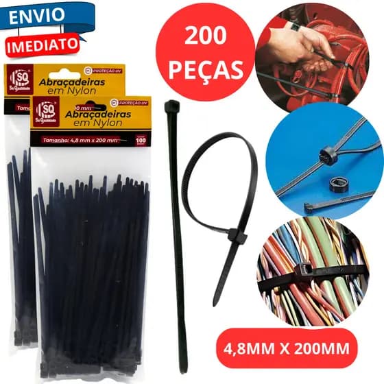Kit 200 Abraçadeiras Enforca Gato Nylon 4,8 X 200mm Presilha Organizador Trava Automatica Fios Cabos