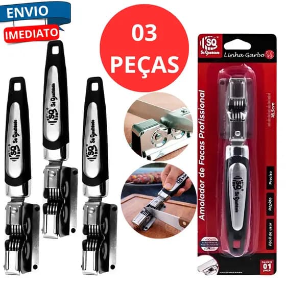Kit 3 Afiadores Amolador de Faca Manual Aco Inox Profissional Facão Tesoura Portátil Multifuncional