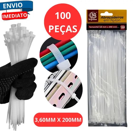 Kit 100 Abraçadeiras 200mm 3,6mm Cabos Fixação Enforca Gato Prendedor Trava Automática Fios Fiação