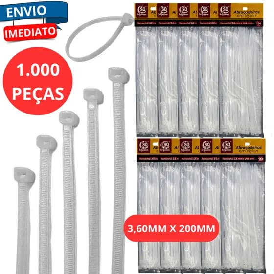 Kit 1.000 Abraçadeiras Nylom 200mm 3,6mm Cabos Fixação Enforca Gato Prendedor com Trava Auto Fiação