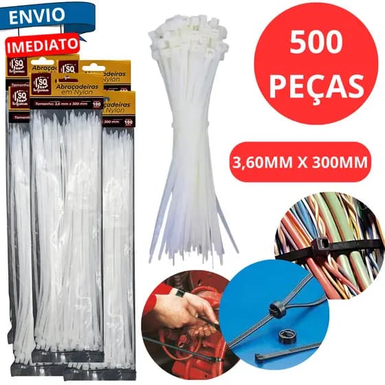 Kit 500 Enforca Gato Abraçadeiras Nylon 300mm X 3,6mm Fiação Trava Automatica Organizador Fio Fios