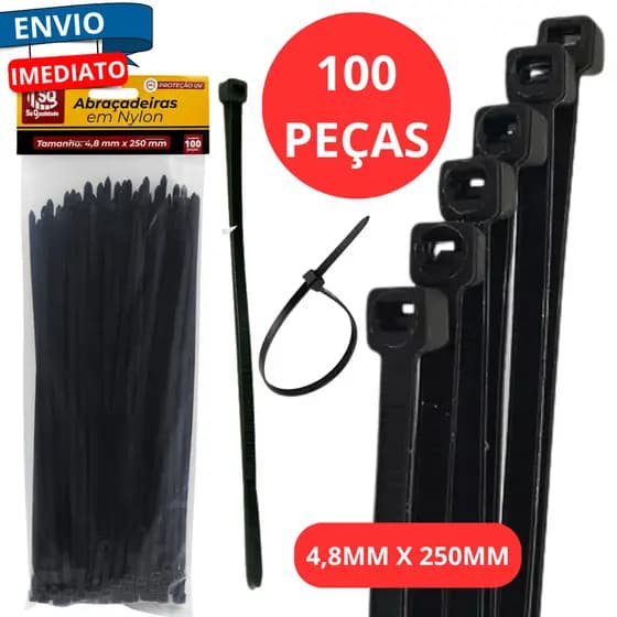 Kit 100 Abracadeira Enforca Gato Nylon 4,8mm X 250mm Fios Cabos Trava Automatica Fiacao Eletricista