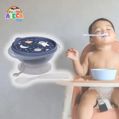 Tigela Infantil com Ventosa, Tampa e Colher 240ml - Antibacteriana, BPA Free - Plasútil
