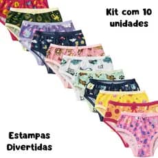 Kit com 10 Calcinhas Infantil Algodão Tamanho Único 1 a 3 anos Estampas Sortidas e Divertidas