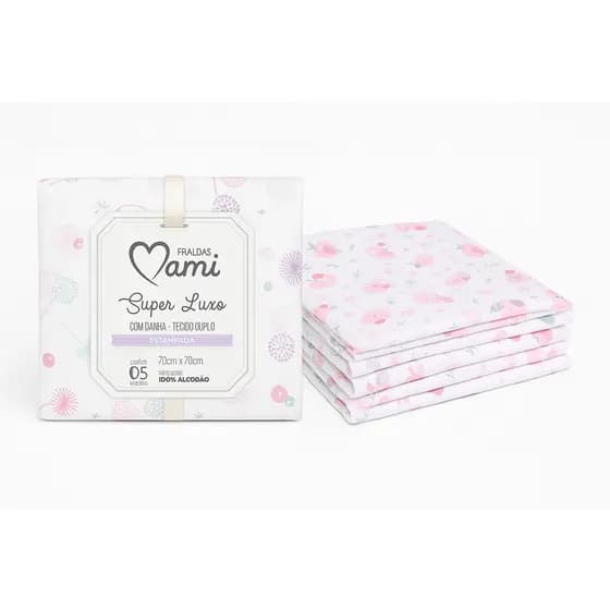 Kit Fraldas de Pano Luxo Mami 5 Unidades Estampadas com Bainha e Tecido Dupla 100% Algodão 70x70cm