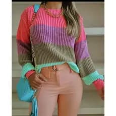 Blusa Tricot Com Manga Longa  Colorida Listrada Moda Blogueira Inverno