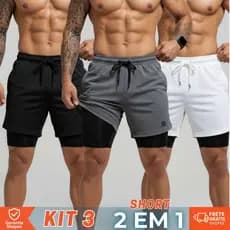 Kit 3 Shorts Duplo 2 em 1 para Treino | Com Bolso Interno Secreto e Forro de Compress茫o