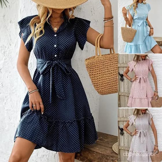 W Word Vestido de férias com cadarço temperamento folha de lótus ponto feminino verão curto @