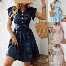 W Word Vestido de férias com cadarço temperamento folha de lótus ponto feminino verão curto @