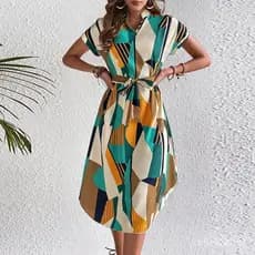 Saia cinto estilo manga curta estilo europeu americano férias médias vestido feminino