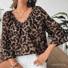 Meia manga primavera verão pulôver topo v europeu americano feminino europeu americano camisa gola leopardo impressão ca
