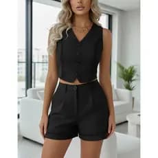 Conjunto Elegante Colete + Short Alfaiataria  Com Botão Com Aro Dourado