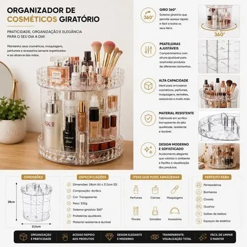 Organizador Giratório Cosméticos Maquiagem Box Porta Pincel Batom Multifuncional