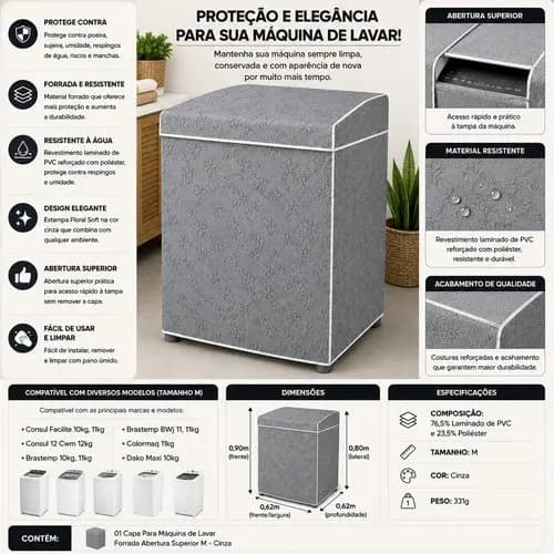 Capa Para Máquina de Lavar Forrada Abertura Superior M - Cinza