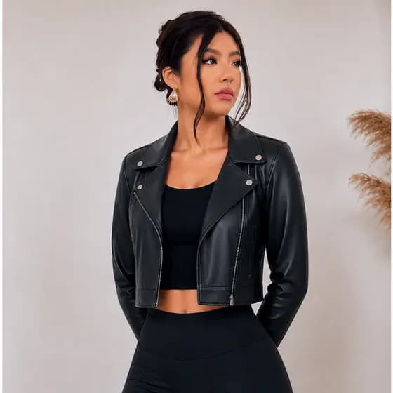 Jaqueta Preta Couro Ecológico Feminina Zíper Bolso Lateral Fake Jaquetinha Feminina Courino