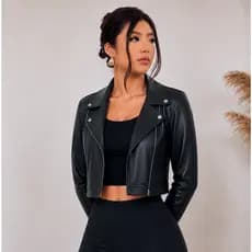 Jaqueta Preta Couro Ecológico Feminina Zíper Bolso Lateral Fake Jaquetinha Feminina Courino