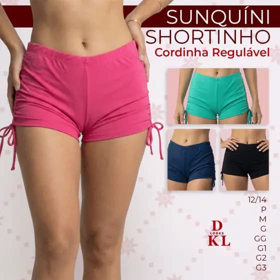 Biquíni Shortinho Short Sunquíni Calcinha Praia Moda Verão Feminino Suplex Cordinha Lateral Regulável Cintura Média